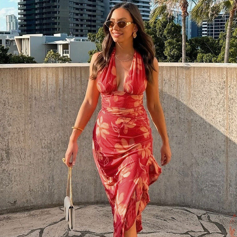 Damen Elegantes Maxikleid mit offenem Rücken und floralen Akzenten Drune