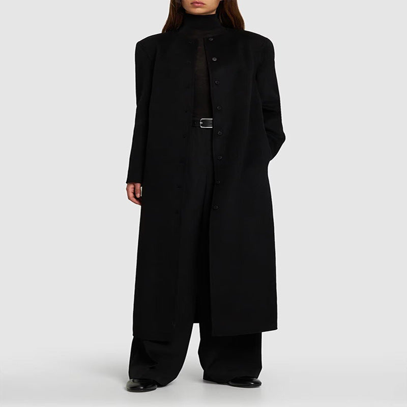 Damen Langer Minimalistischer Stehkragenmantel aus Wollmix mit verdeckter Knopfleiste Drune