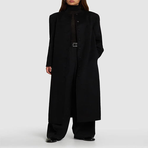 Damen Langer Minimalistischer Stehkragenmantel aus Wollmix mit verdeckter Knopfleiste Drune
