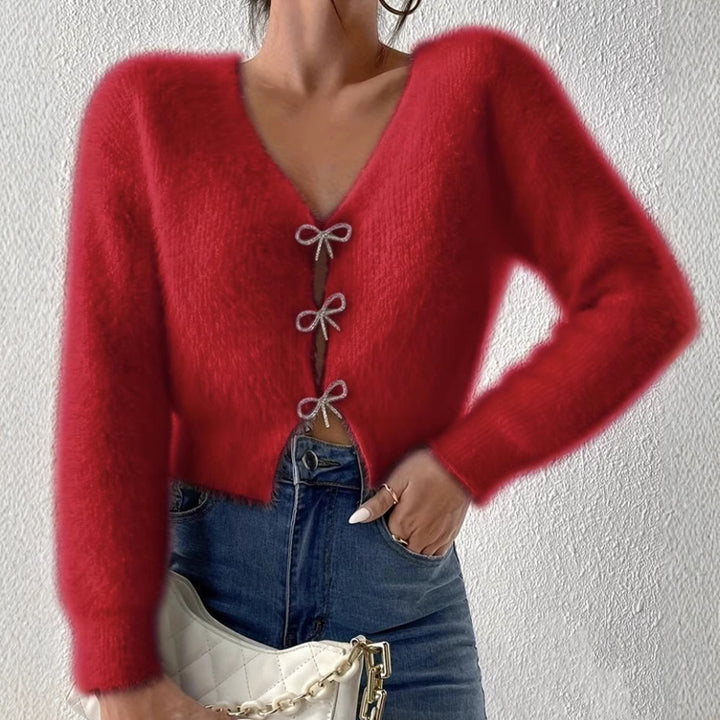 Damen Flauschiger Cropped-Cardigan mit V-Ausschnitt und Schleifen‑Verschlüssen Drune
