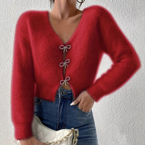 Damen Flauschiger Cropped-Cardigan mit V-Ausschnitt und Schleifen‑Verschlüssen Drune