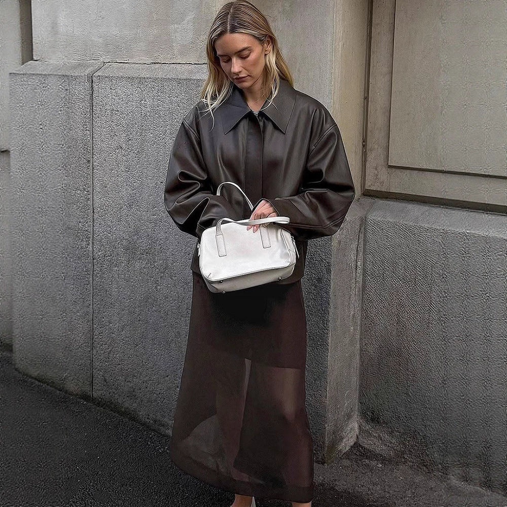Damen modische Kunstlederjacke mit oversized Design Drune