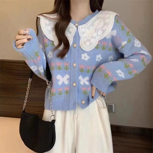 Damen Strickjacke mit floralen Mustern und großem Kragen Drune