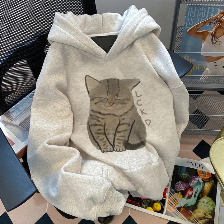 Damen Kapuzenpullover mit niedlichem Katzenmotiv Drune