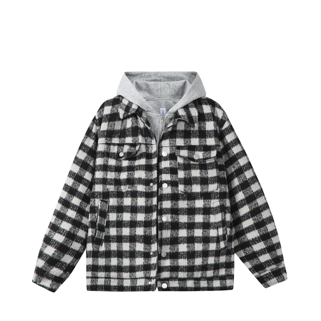 Damen Kurzblouson im Shacket‑Stil mit Karo‑Wolloptik und integrierter Sweatkapuze Drune