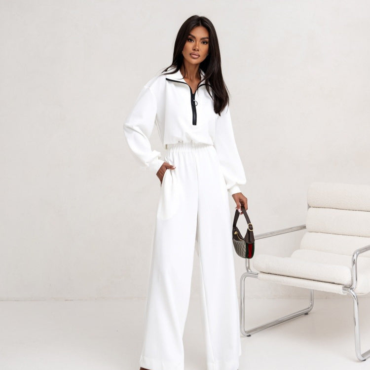 Damen relaxed-fit Zip-Pullover mit elastischem Taillenbund und extraweiter Palazzo-Hose Zweiteiler Drune