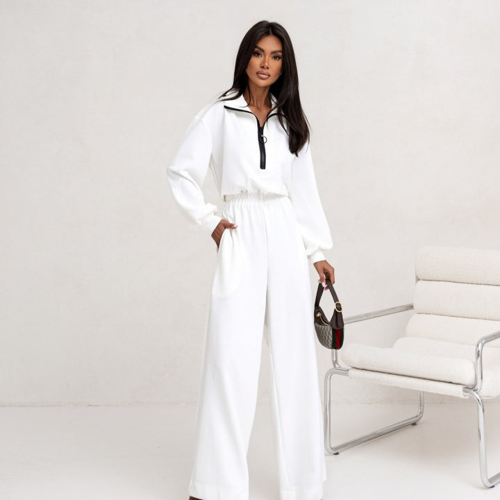 Damen relaxed-fit Zip-Pullover mit elastischem Taillenbund und extraweiter Palazzo-Hose Zweiteiler Drune