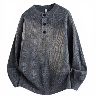 Unisex Oversized Rippen-Henley-Pullover mit verlängertem Rückensaum und 3-Knopf-Leiste Drune