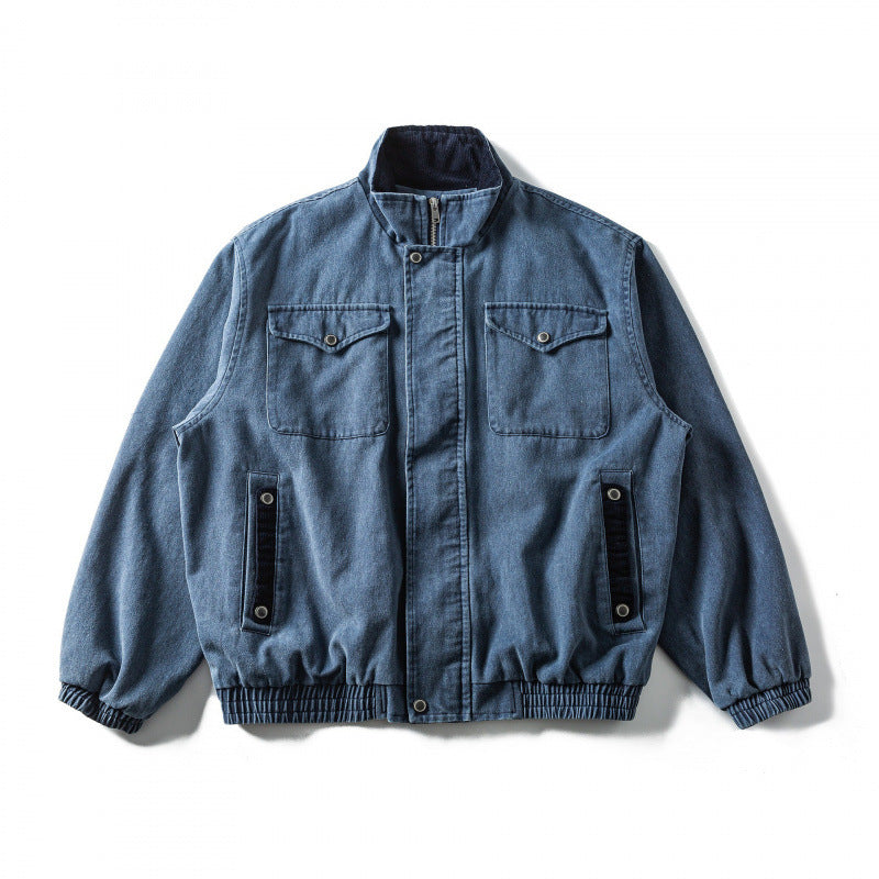 Herren Kastenförmige Canvas-Blousonjacke mit Cordbesatz, Stehkragen und elastischem Saum Drune