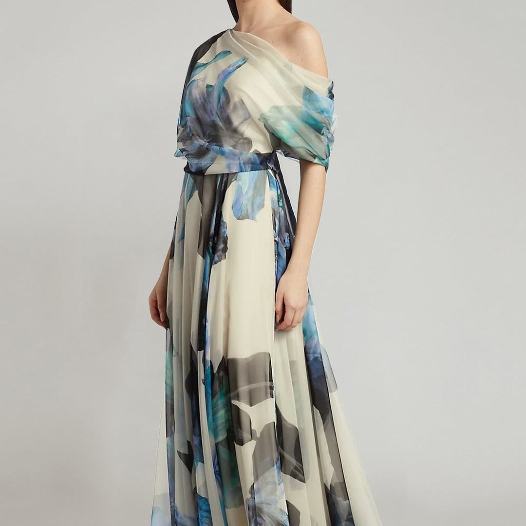 Damen elegantes Chiffon-Kleid mit schulterfreiem Design und floralem Muster Drune