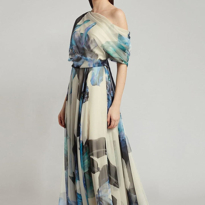 Damen elegantes Chiffon-Kleid mit schulterfreiem Design und floralem Muster Drune