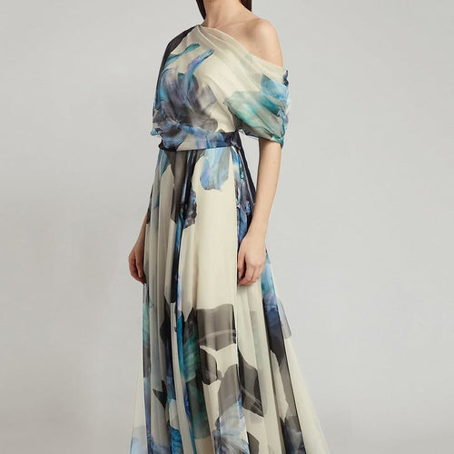 Damen elegantes Chiffon-Kleid mit schulterfreiem Design und floralem Muster Drune
