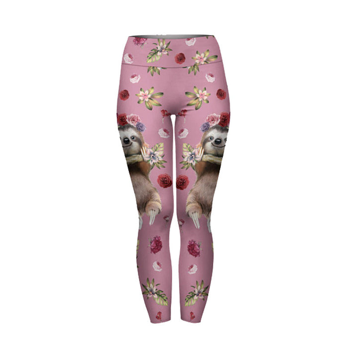 Damen Leggings mit floralem Faultier-Alloverprint und hohem Taillenbund Drune