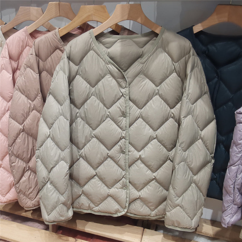 Damen Gesteppte Kurzjacke mit Diamantsteppung, Rundhalsausschnitt und Druckknöpfen Drune