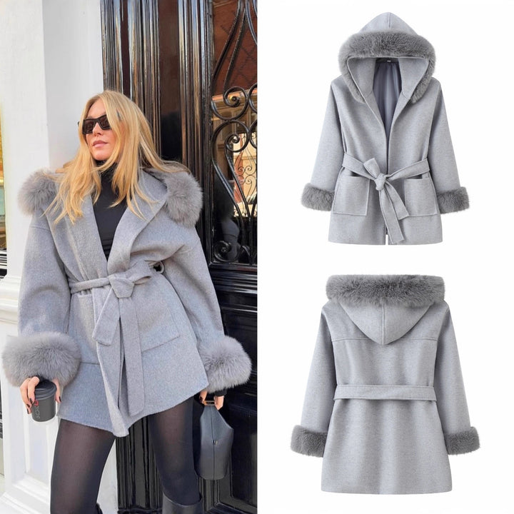 Damen Kapuzen-Wollmix-Mantel mit Bindegürtel und Faux-Fur-Besatz Drune