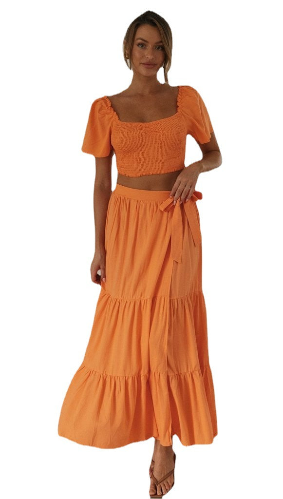 Damen Maxi-Rock und gepufftes Crop-Top Set Drune