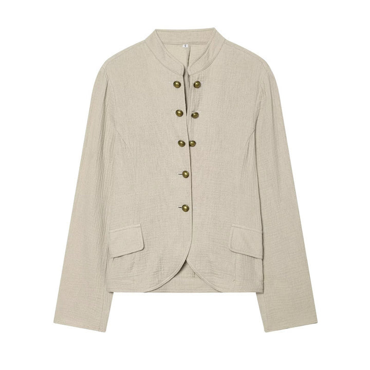 Damen Boxy-Leinenblazer mit Stehkragen, dekorativer Knopfleiste und Pattentaschen Drune
