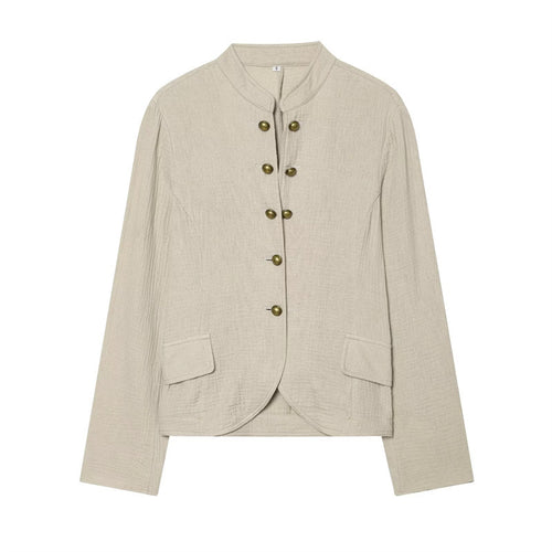 Damen Boxy-Leinenblazer mit Stehkragen, dekorativer Knopfleiste und Pattentaschen Drune