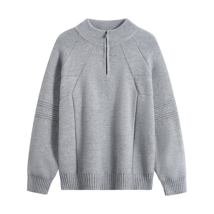Unisex Oversize-Strickpullover mit Halbreißverschluss und geripptem Stehkragen Drune
