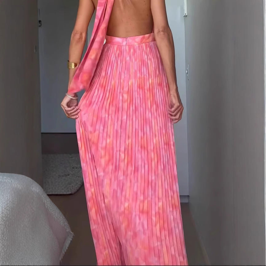 Damen Plissiertes Maxikleid mit tiefem Ausschnitt und elegantem Gürtel Drune