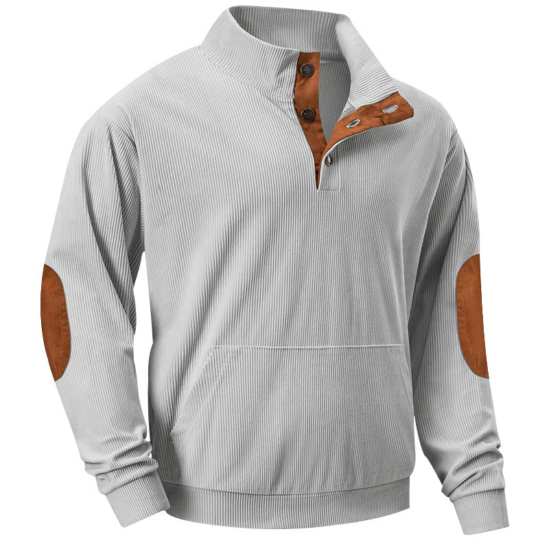 Herren nan geripptes Stehkragen-Pullover mit Knopfleiste, Kängurutasche und Wildleder-Ellenbogenpatches Drune