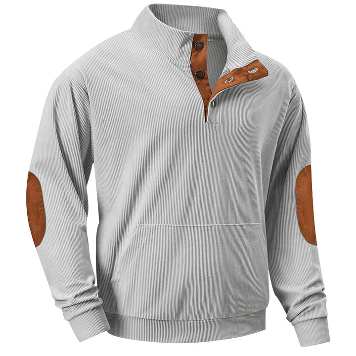 Herren nan geripptes Stehkragen-Pullover mit Knopfleiste, Kängurutasche und Wildleder-Ellenbogenpatches Drune
