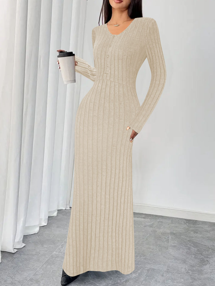 Damen Geripptes Tailliertes Maxikleid mit Knopfpatent und Rundhalsausschnitt Drune