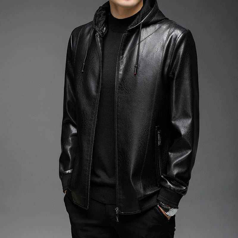 Herren Kapuzen-Lederimitat-Blouson mit Reißverschluss und elastischen Bündchen Drune