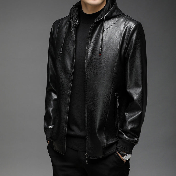 Herren Kapuzen-Lederimitat-Blouson mit Reißverschluss und elastischen Bündchen Drune