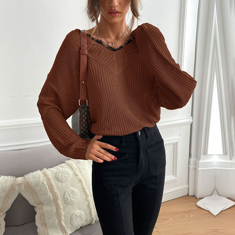 Damen Oversize V‑Ausschnitt Feinstrickpullover mit überschnittener Schulter und Rippbündchen Drune