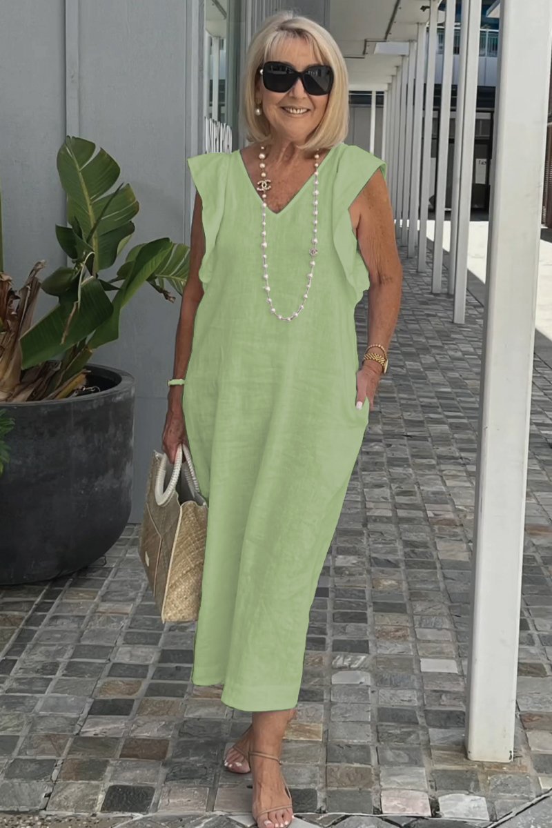 Damen Maxikleid mit V-Ausschnitt und angeschnittenem Ärmel Drune
