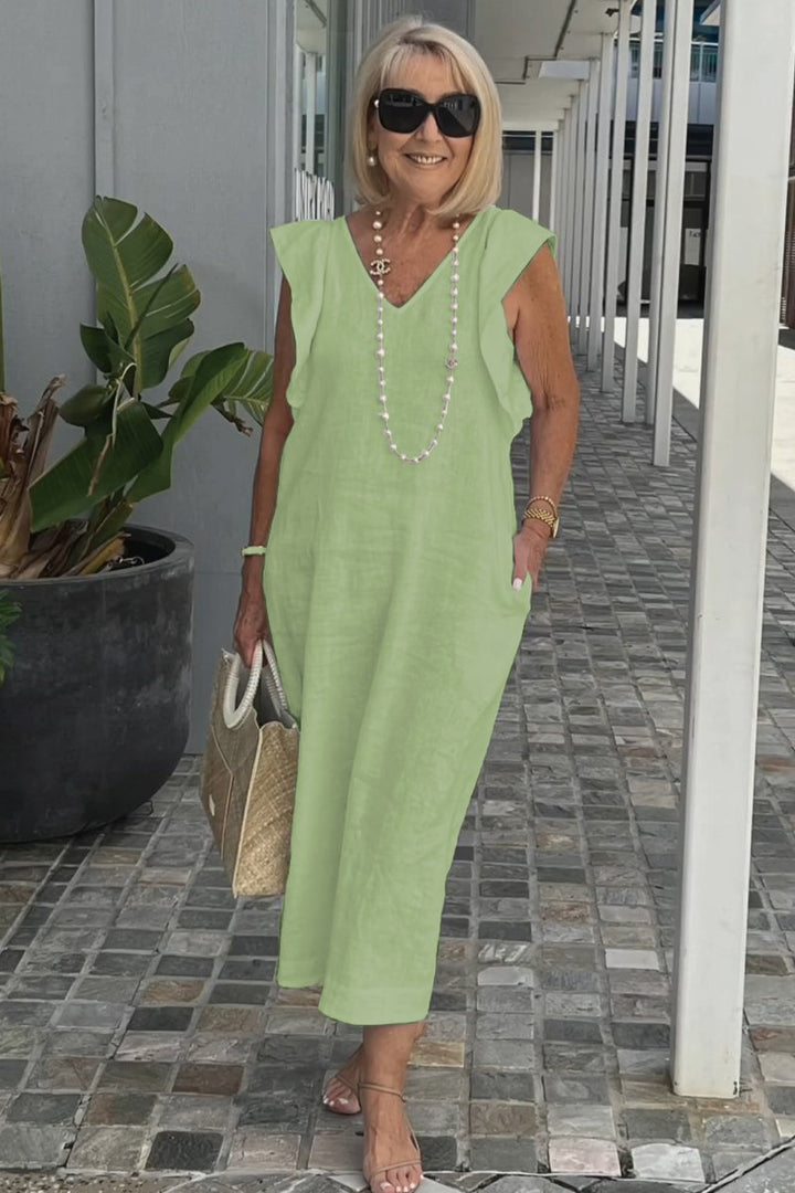 Damen Maxikleid mit V-Ausschnitt und angeschnittenem Ärmel Drune