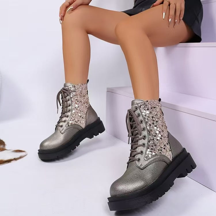 Damen nan glitzernde Schnür-Bikerboots mit robust profilierter Sohle und metallisch genarbter Oberfläche Drune