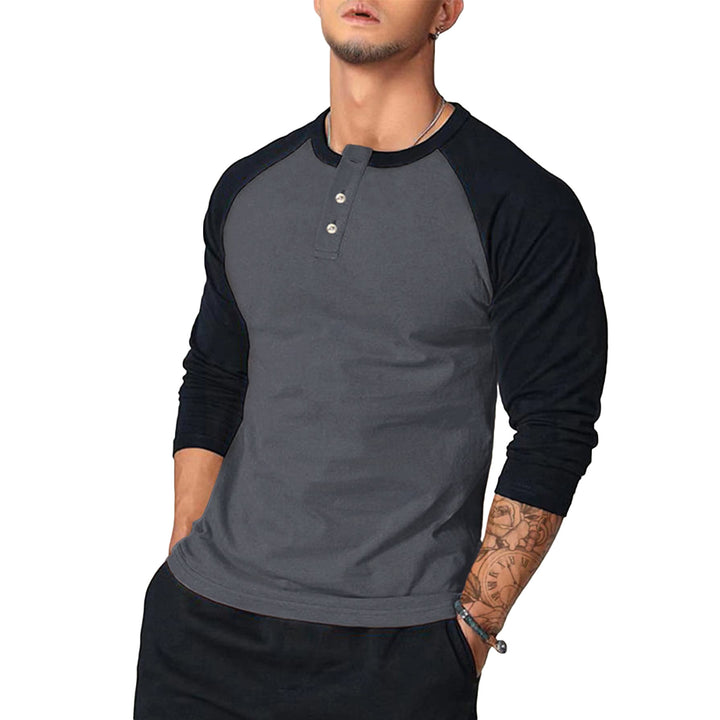 Herren Lässiges Langarm Henley-Shirt mit Kontrastärmeln Drune