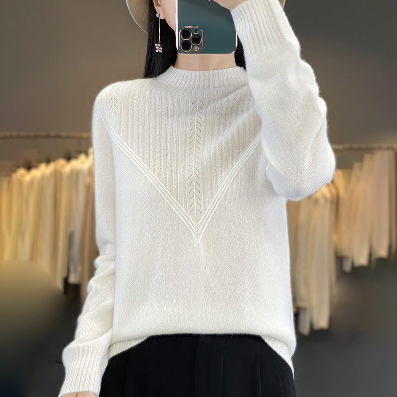 Damen Lockerer Mohair‑Blend Pullover mit strukturierter V‑Paneel und Stehkragen Drune