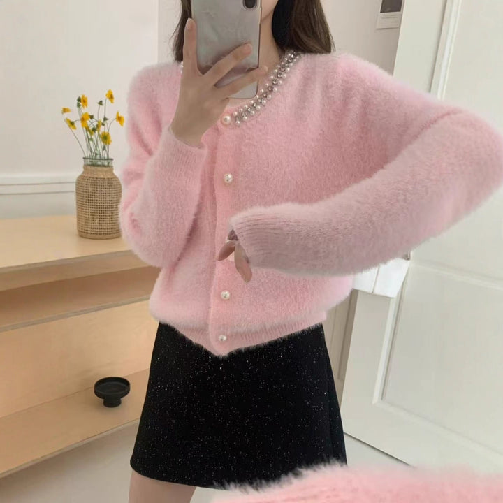 Damen Kuschelige Cardigan mit Perlen-Dekor Drune