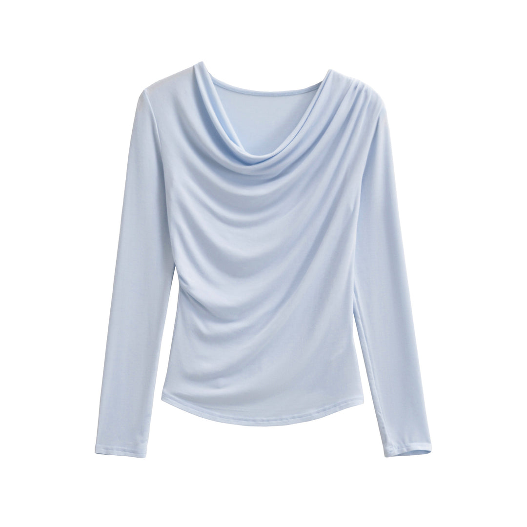 Damen Wasserfallkragen Langarmshirt mit Drapierung und taillierter Wickeloptik Drune