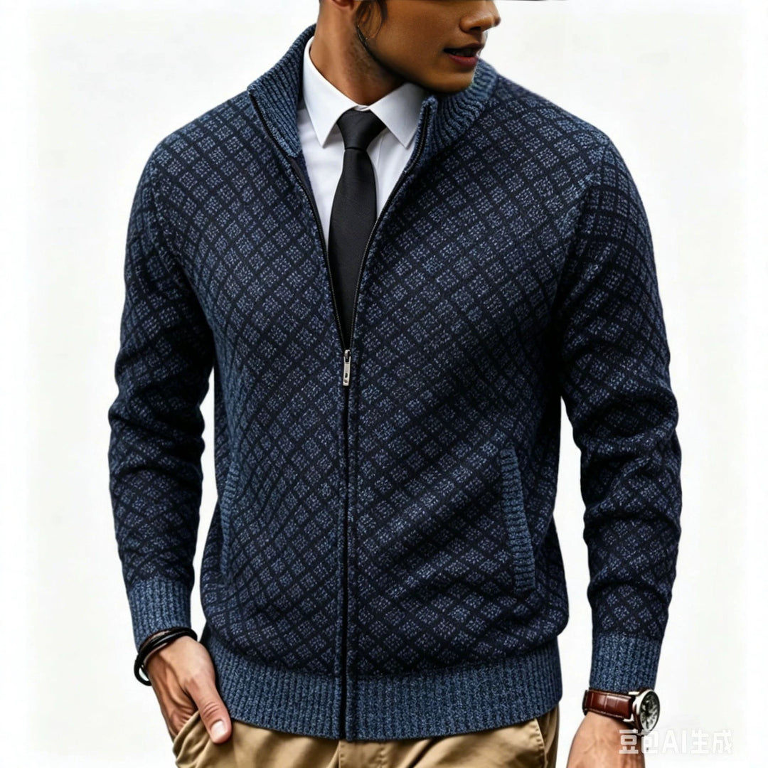 Herren Strukturierte Strickjacke mit Stehkragen und Diamant-Jacquard Drune