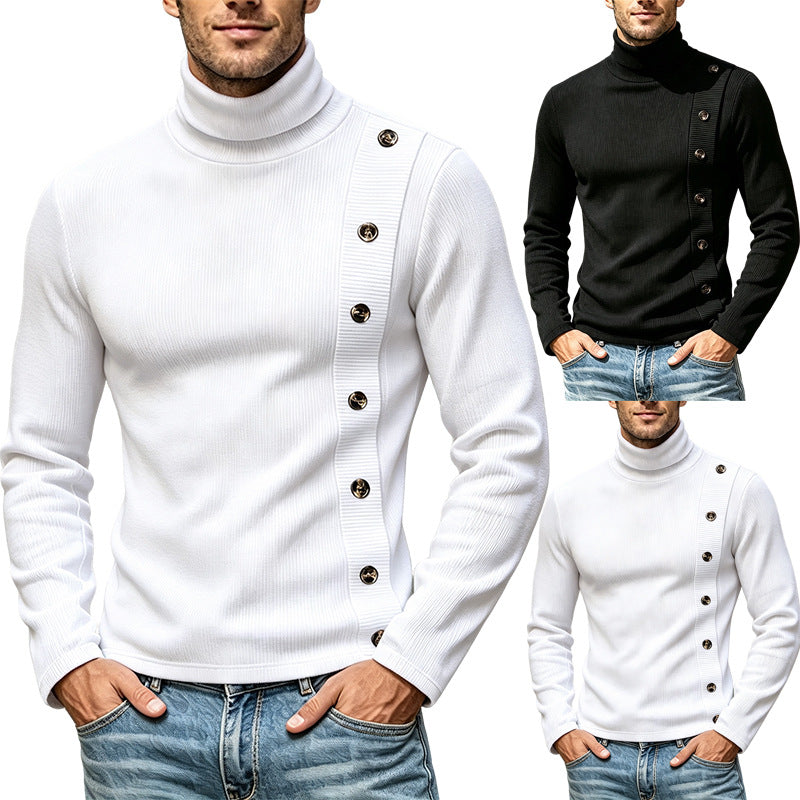 Herren Slim-Fit Rollkragenpullover mit asymmetrischer Zierknopfleiste aus Rippstrick Drune