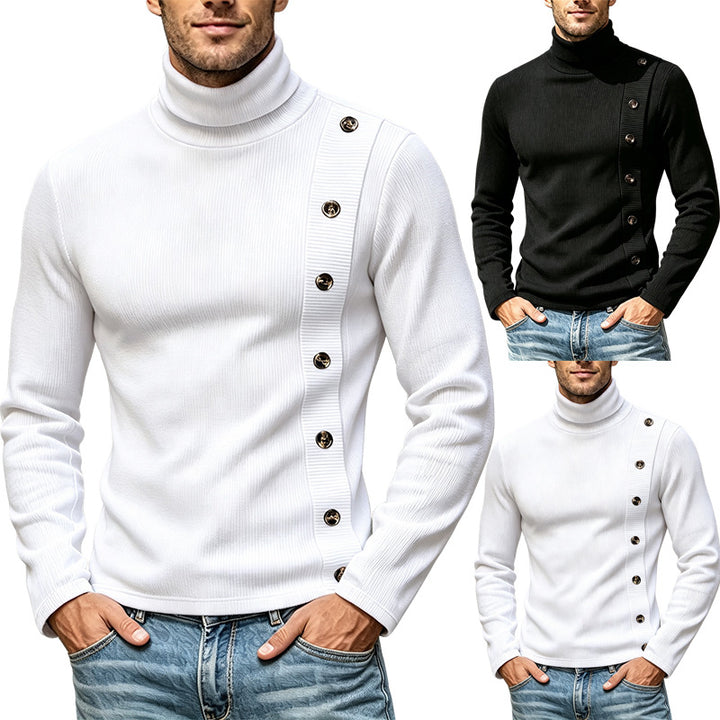 Herren Slim-Fit Rollkragenpullover mit asymmetrischer Zierknopfleiste aus Rippstrick Drune