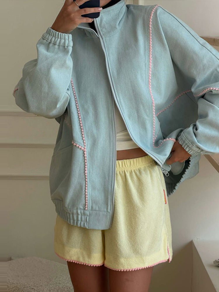 Damen Frottee-Loungewear-Set mit Reißverschluss-Jacke, Oversize-Schnitt & Pompon-Besatz Drune