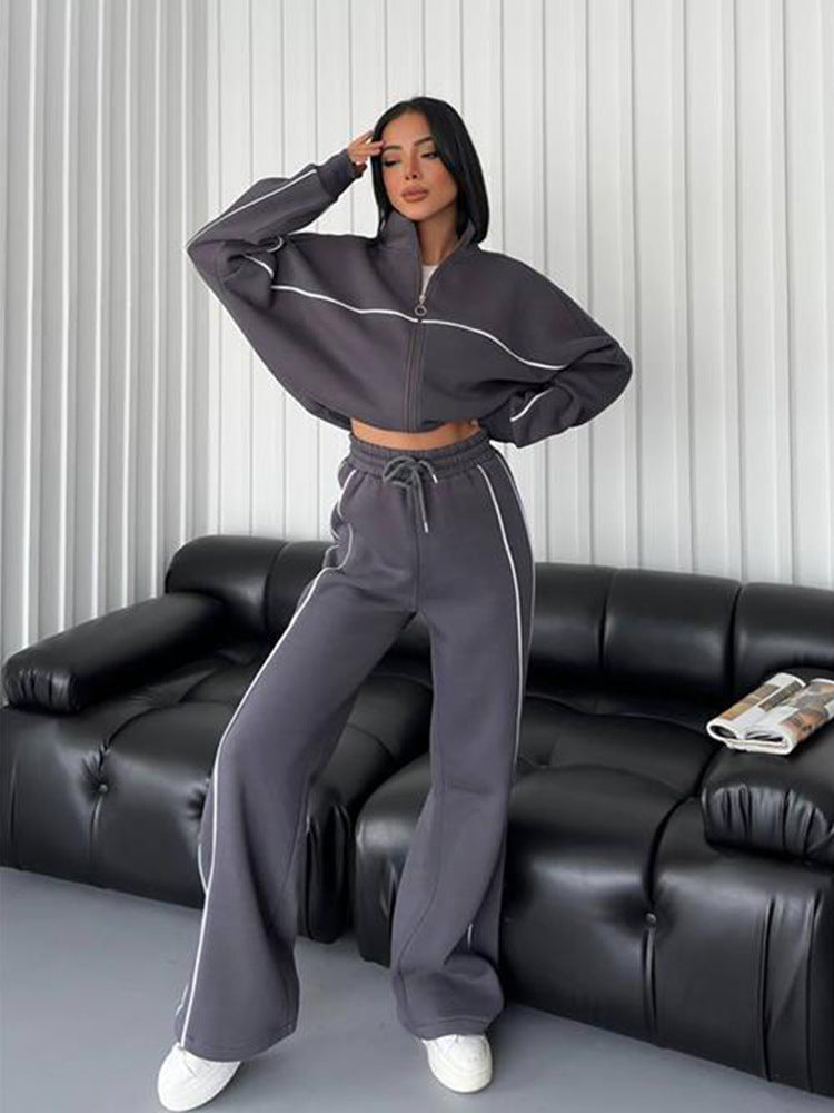 Damen Sportliches Zweiteiler-Set mit hochgeschlossenem Sweatshirt und weiten Hosen Drune