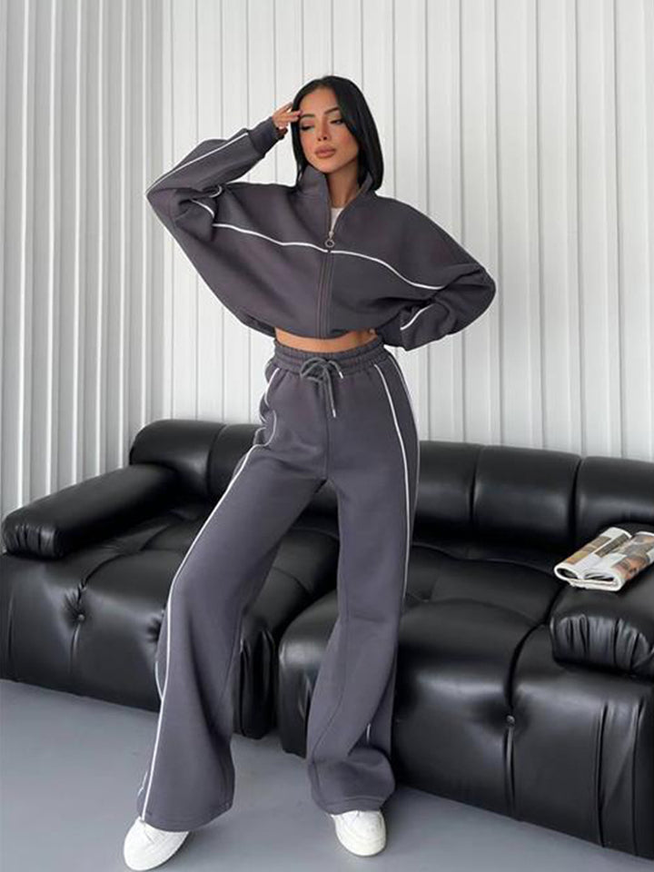 Damen Sportliches Zweiteiler-Set mit hochgeschlossenem Sweatshirt und weiten Hosen Drune
