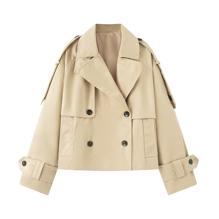 Damen Kurz geschnittener Trench mit kastiger Silhouette, Schulterpatten und breiten Manschetten Drune