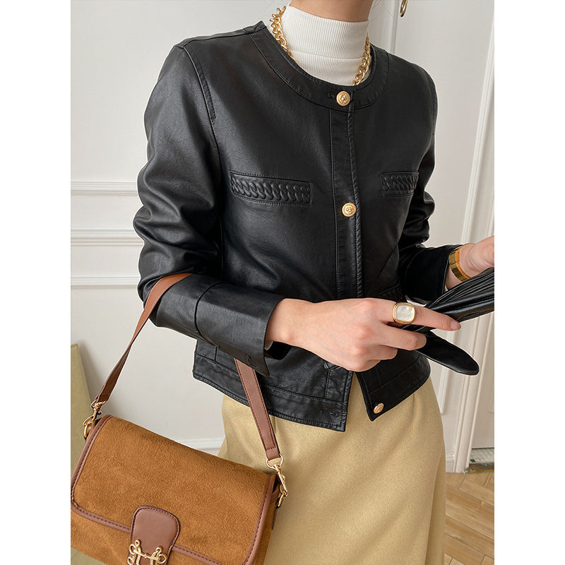 Damen Lederjacke im modernen Stil mit dekorativen Taschen und elegantem Schnitt Drune