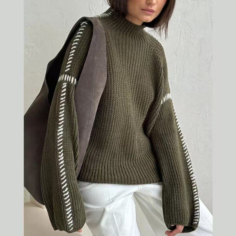 Damen nan Grobstrick-Oversize-Pullover mit hoher Rollkragenkante und Zierstich-Ärmeln Drune
