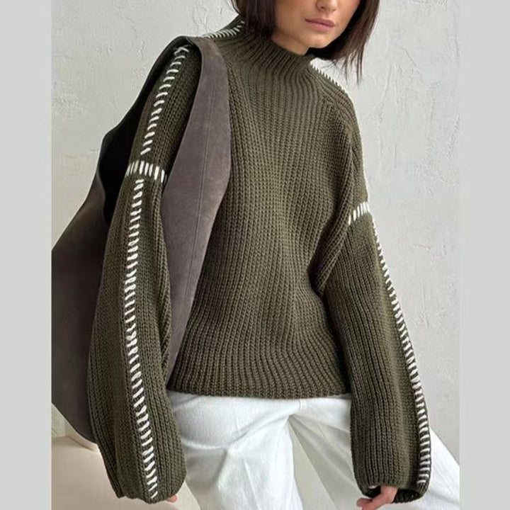 Damen nan Grobstrick-Oversize-Pullover mit hoher Rollkragenkante und Zierstich-Ärmeln Drune