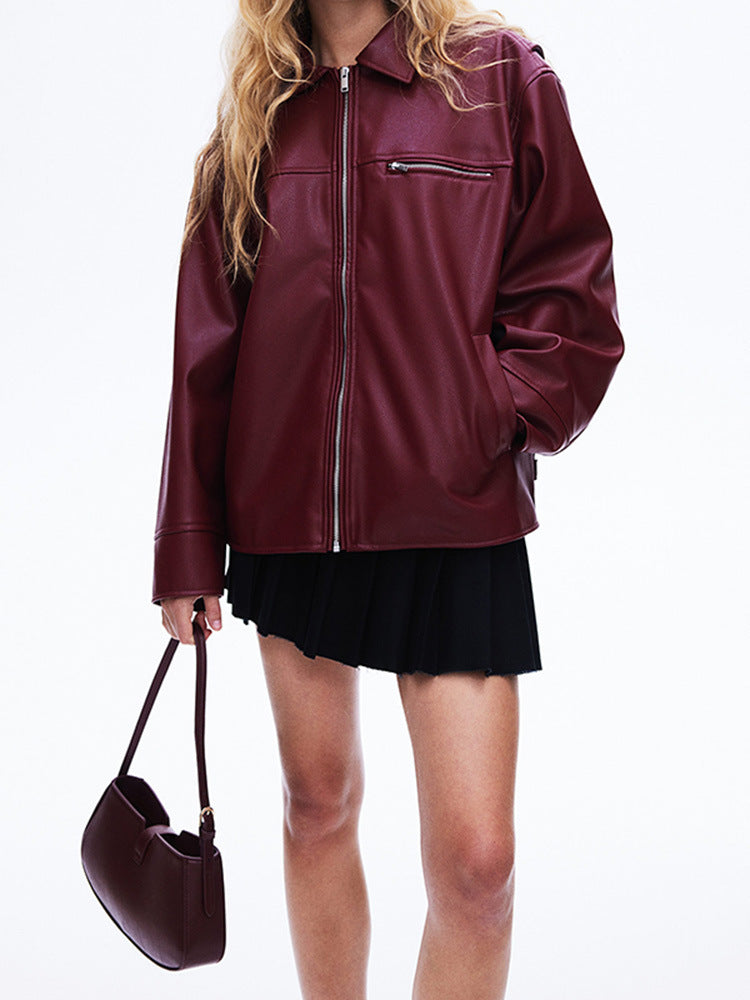 Damen modische Kunstlederjacke mit elastischem Saum und modernem Schnitt Drune