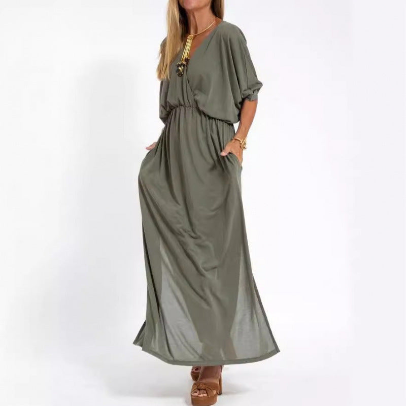 Damen lässiges Maxikleid mit V-Ausschnitt und seitlichen Schlitzen Drune