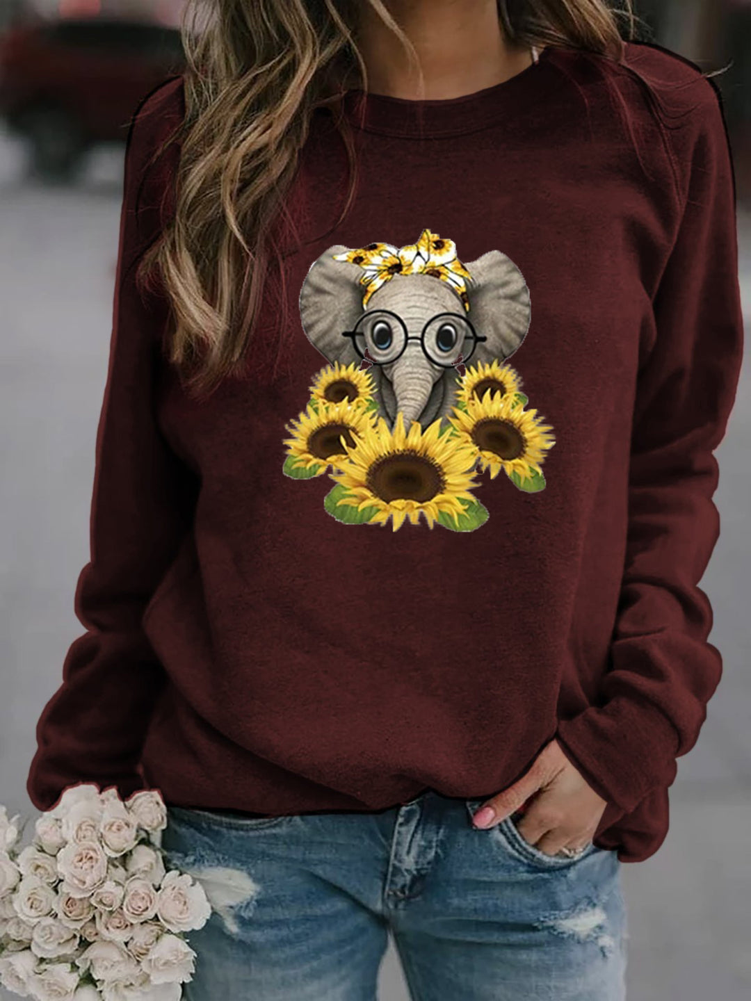 Damen-Sweatshirt mit Elefantenprint, Sonnenblumenmotiv und weichem Fleece Drune
